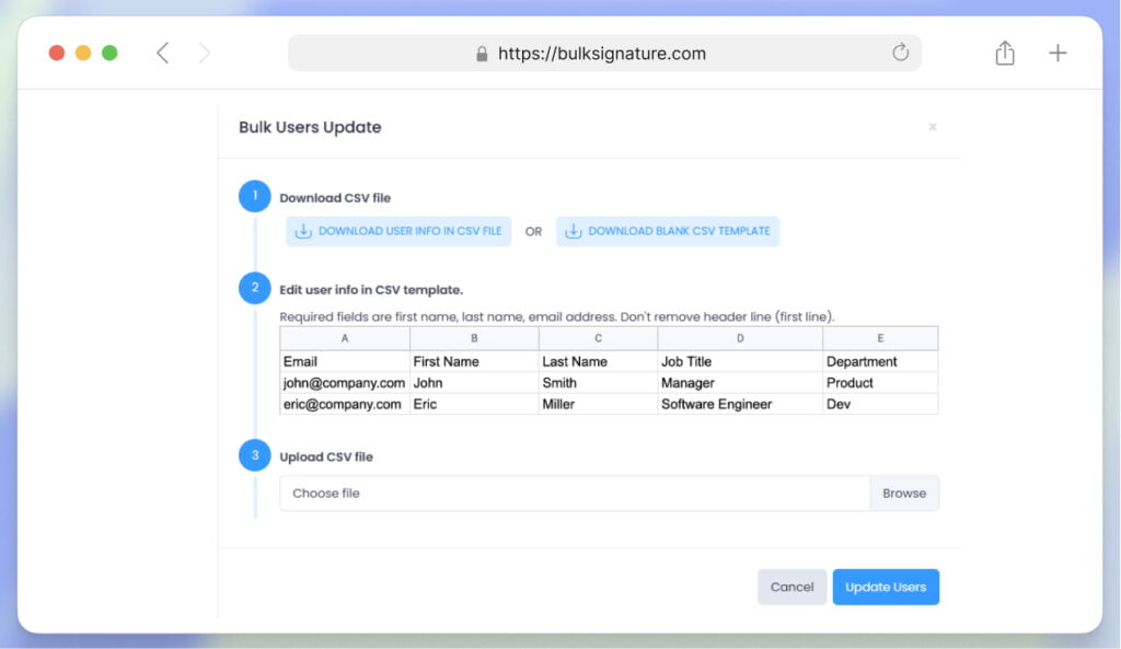 Bulk users update that helps to update all the information about the employees by means of a CSV file in an email signature tool BulkSignature