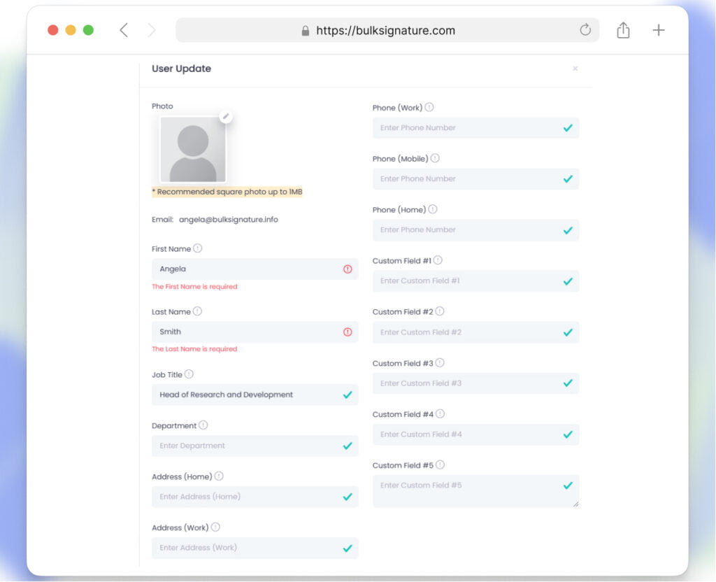 User Update section that allows the users to change the information about the specific employee on an email signature management tool BulkSignature
