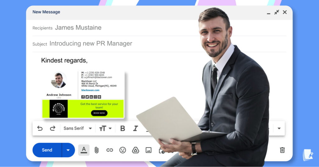 Email signature example and a businessman with a laptop who is sitting and smiling