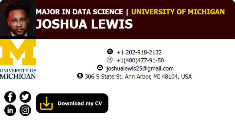 The example of a student email signature majored in Data Science from Michigan University