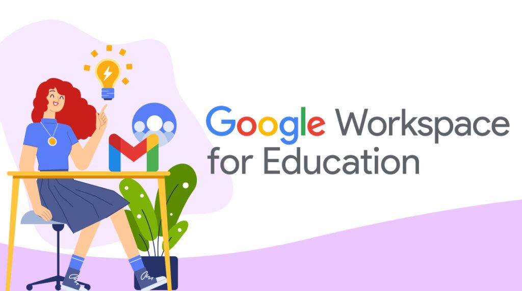 A redheaded smiling student is sitting at the table near the logo of Google Workspace for Education and Gmail