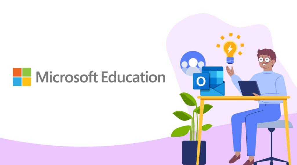 A smiling programmer is sitting at the table near the Microsoft Education and Outlook logo