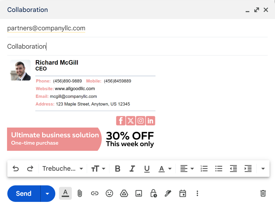 An email signature example that illustrates the promotion of a product or services, and social media channels