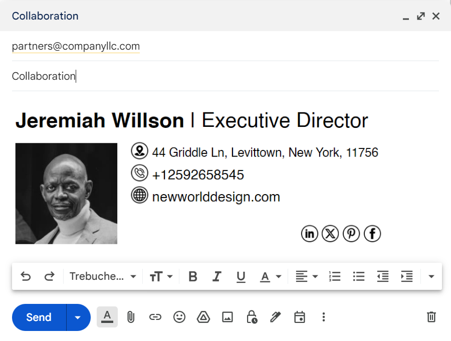 Get a free HTML template of an Email signature for executive director