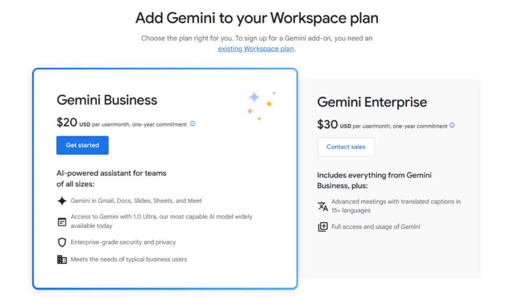 How much is Google Gemini Business or Enterprise Pricing