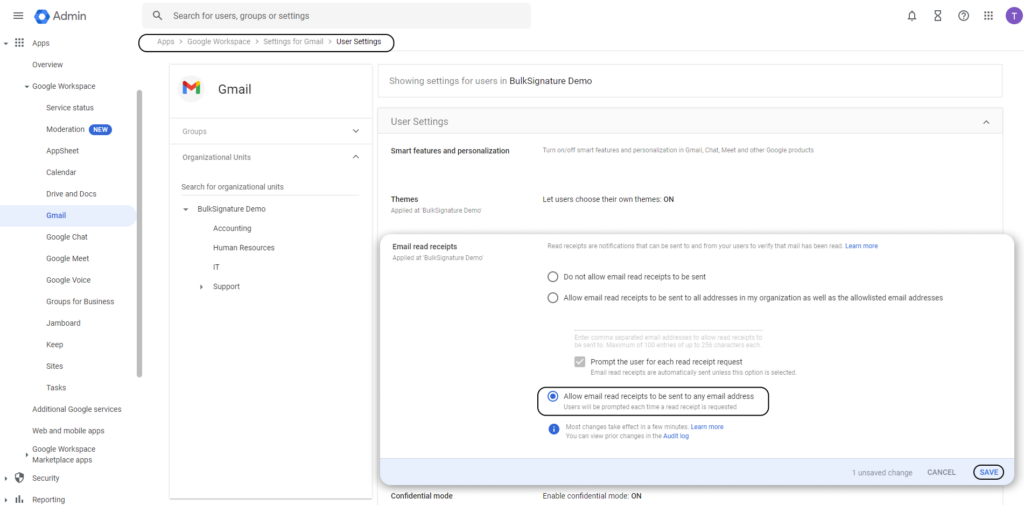 The steps that you need to perform to enable Gmail read receipts on Google Admin console as a super admin